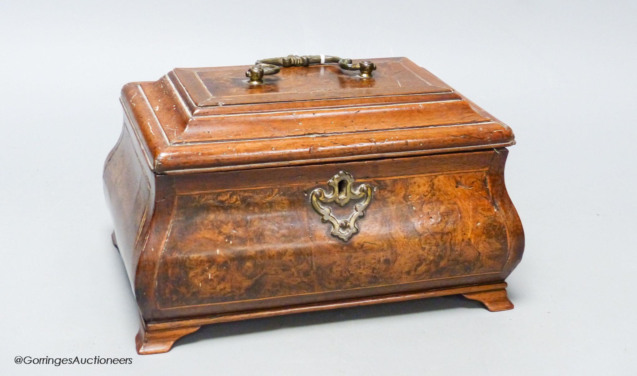 A George II walnut bombe tea caddy, with burr walnut panels, 22 x 13cm